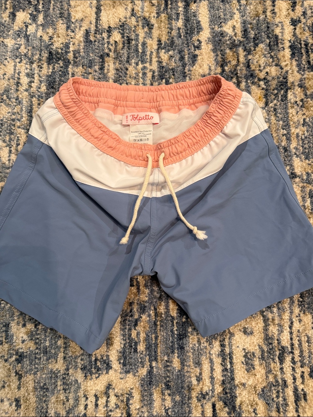 Kids Colorblock Swim Trunks — Blue, White & Coral
